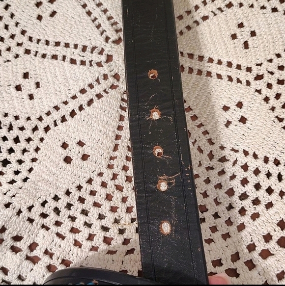 Abstract Wood & Turquoise inlay Stone Buckle Black Leather Belt Turquoise Stitch main image 5